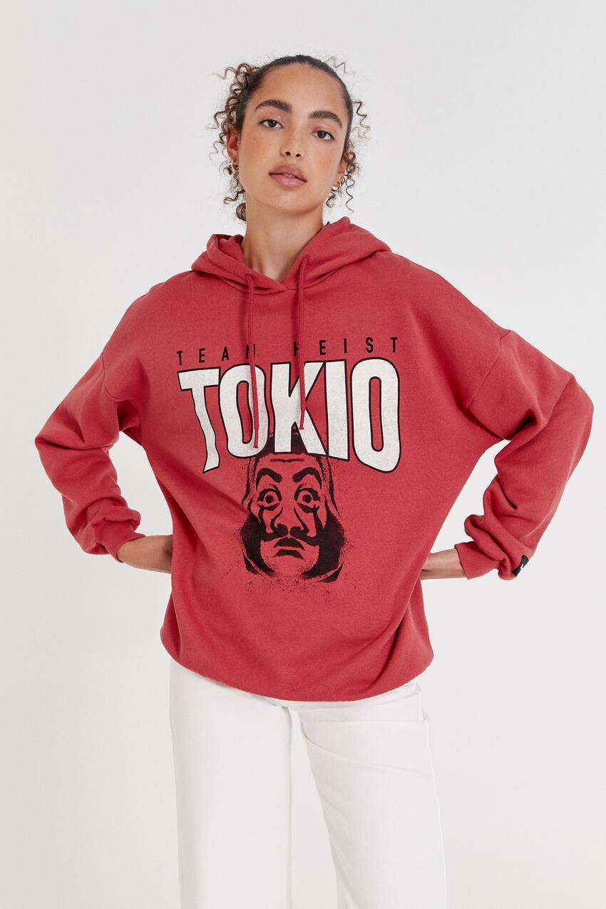 Money Heist x Pull&Bear hoodie with slogan “Tokio”, RED