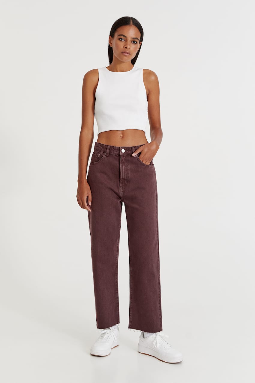 Straight-leg colourful cropped jeans, BURGUNDY