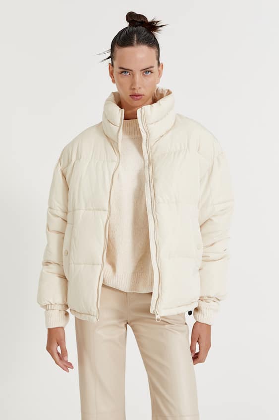 Basic high-collared puffer jacket, ECRU