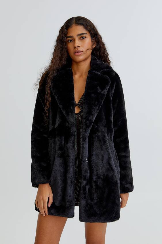 FAUX FUR COAT WITH POINTED LAPEL