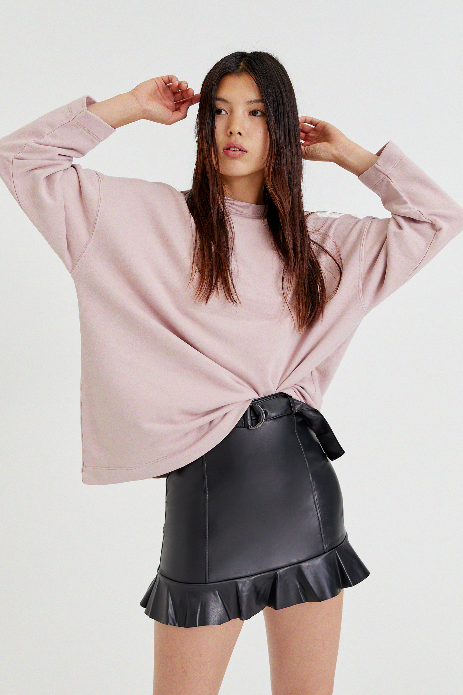 black leather skirt with frill hem