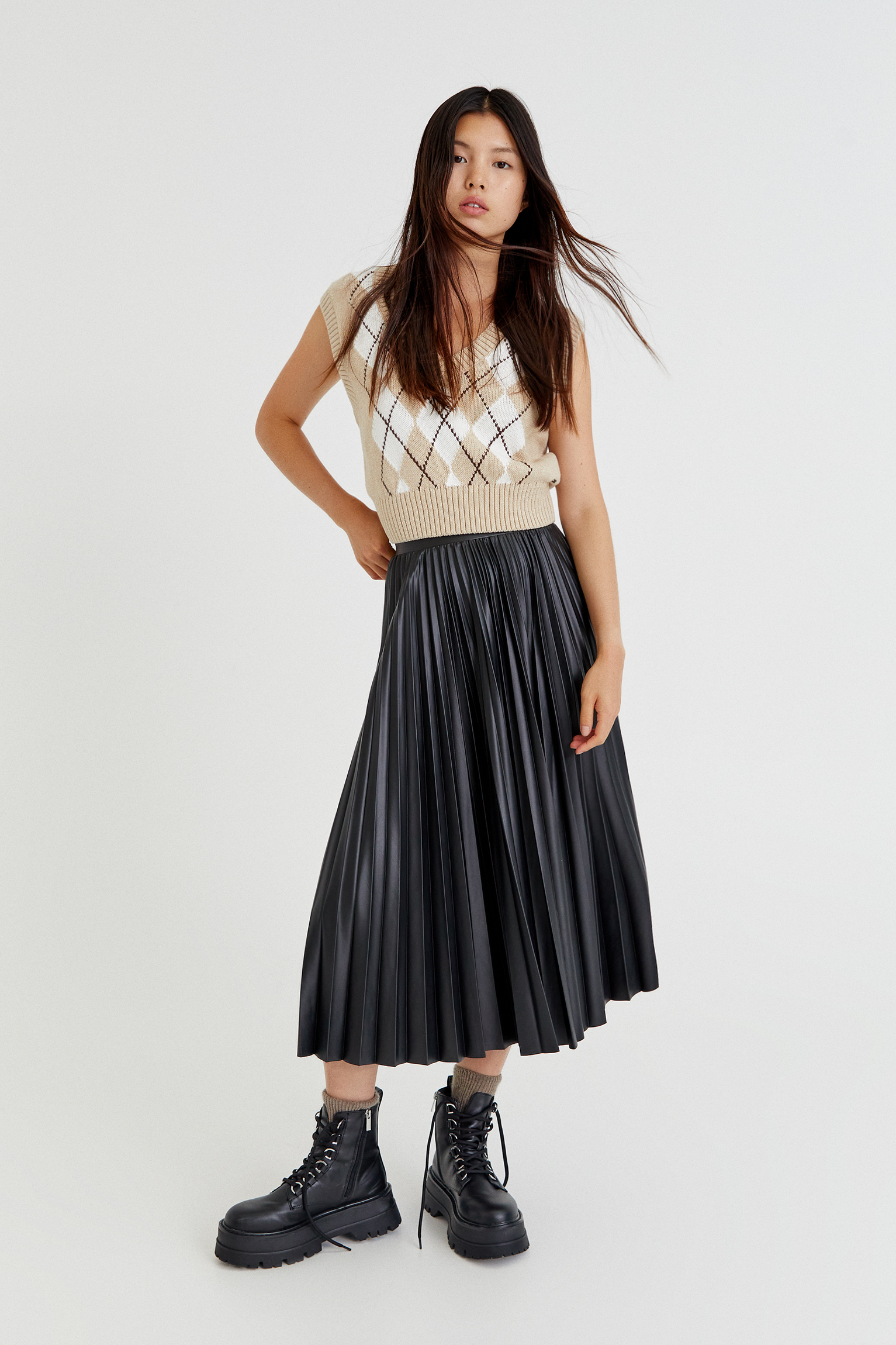 white faux leather midi skirt