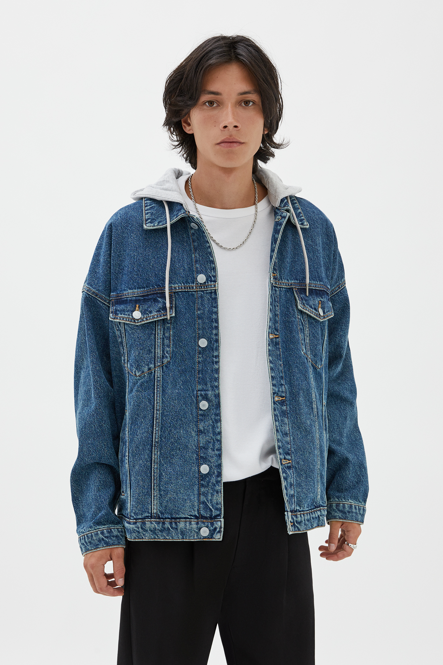 pull and bear long denim jacket
