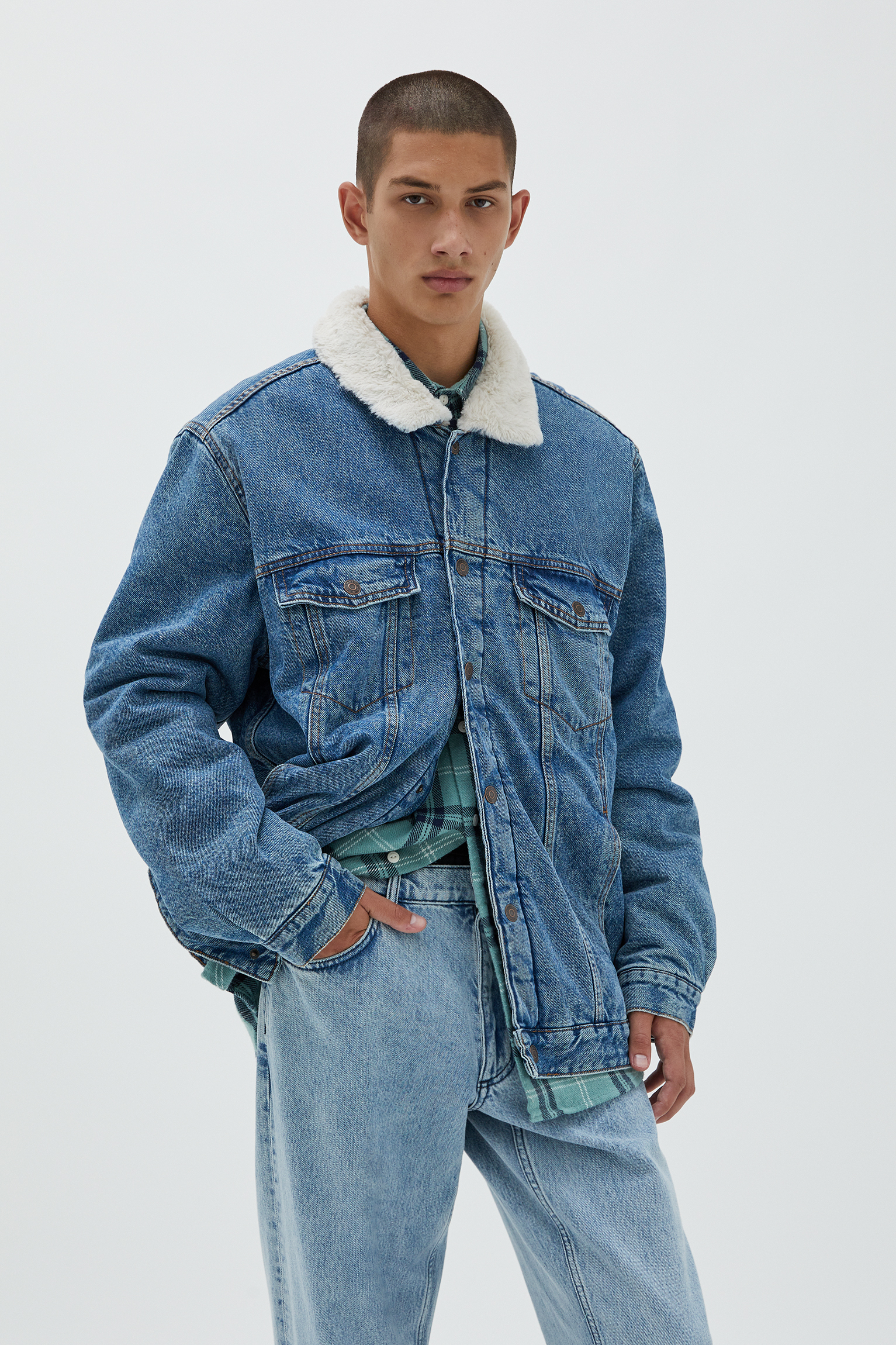 dark blue trucker jacket