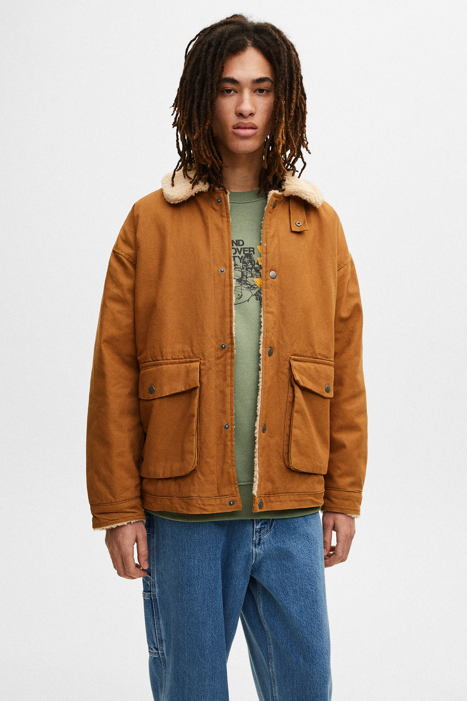 pull&bear button front coat in tan
