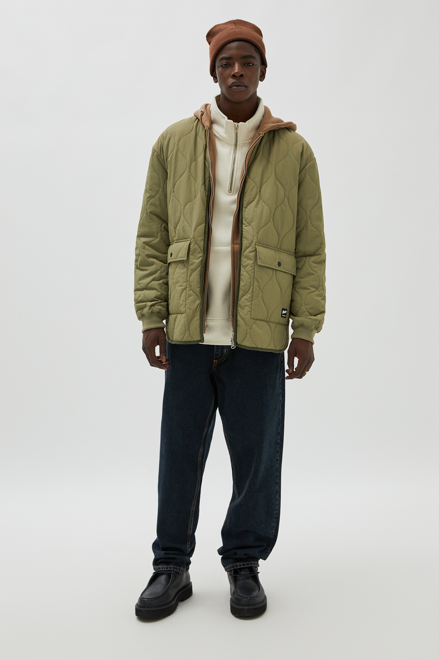 pull&bear jacket with half zip in khaki