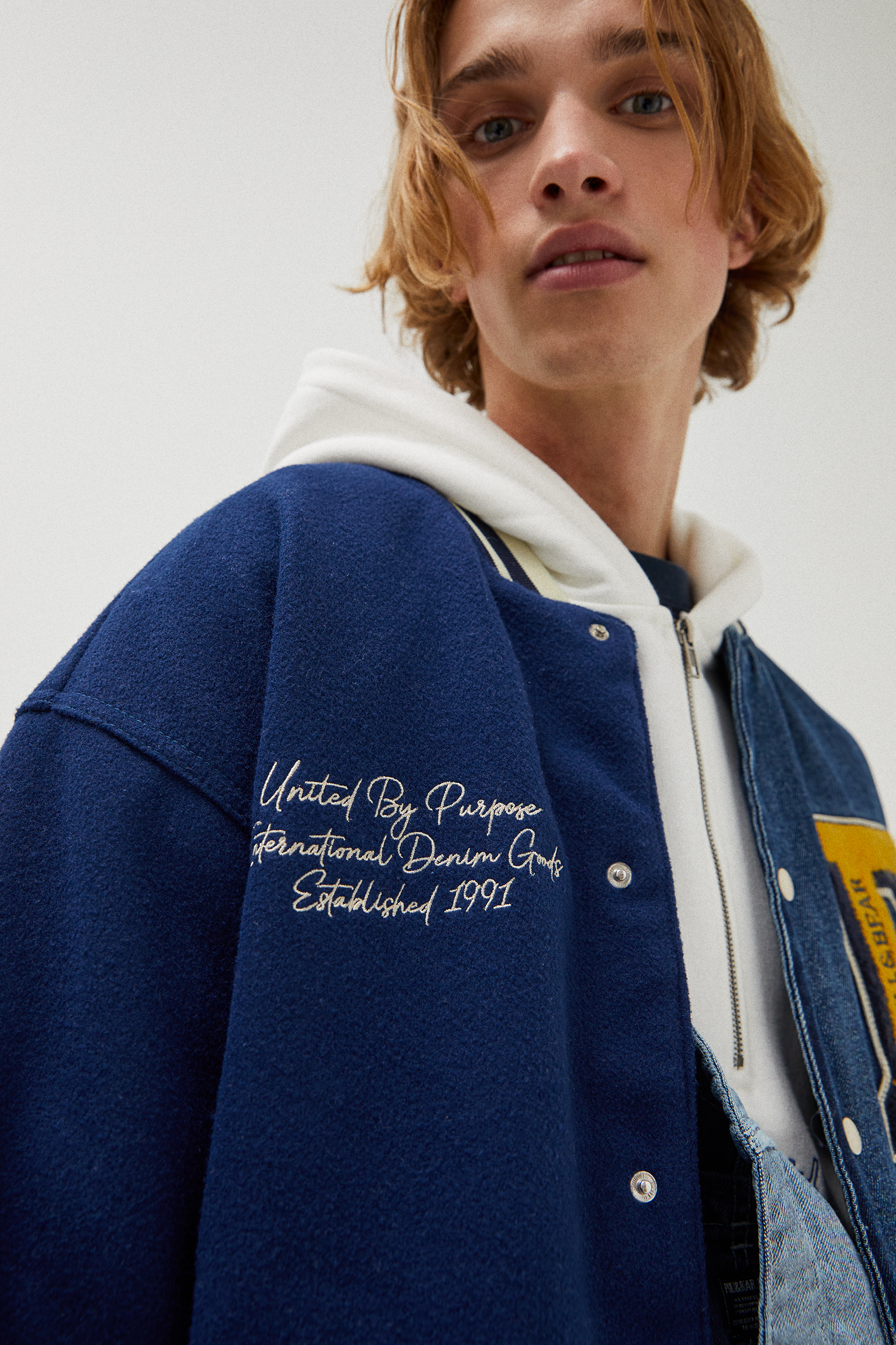 denim varsity bomber jacket