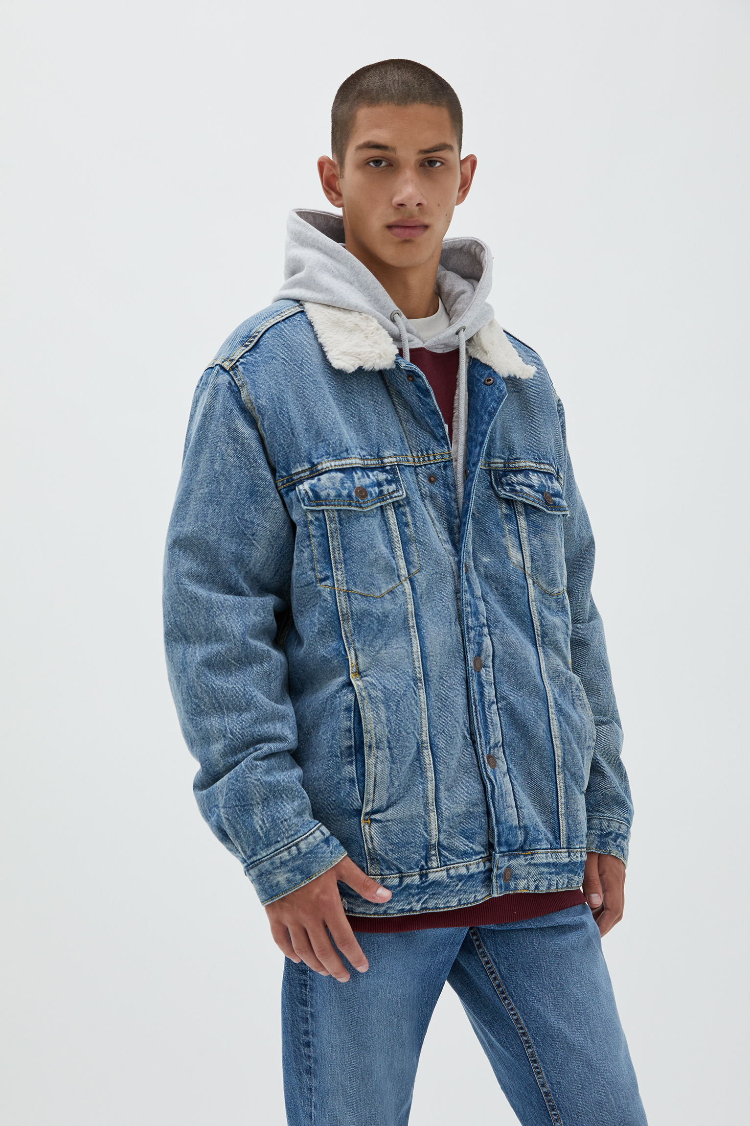 pull and bear long denim jacket