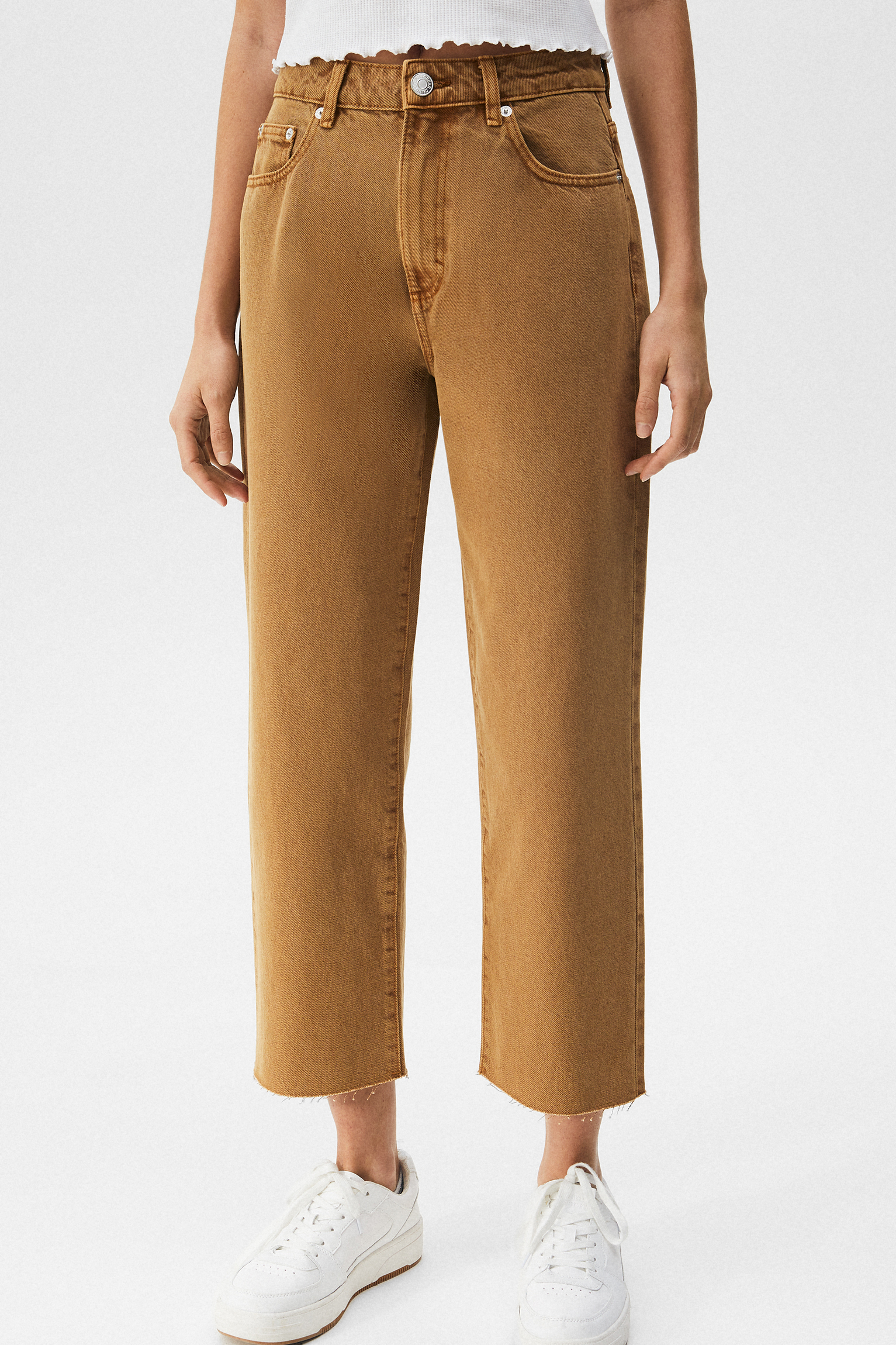 Pull\u0026Bear Women's Brown Cropped High-Waist straight-leg Trousers