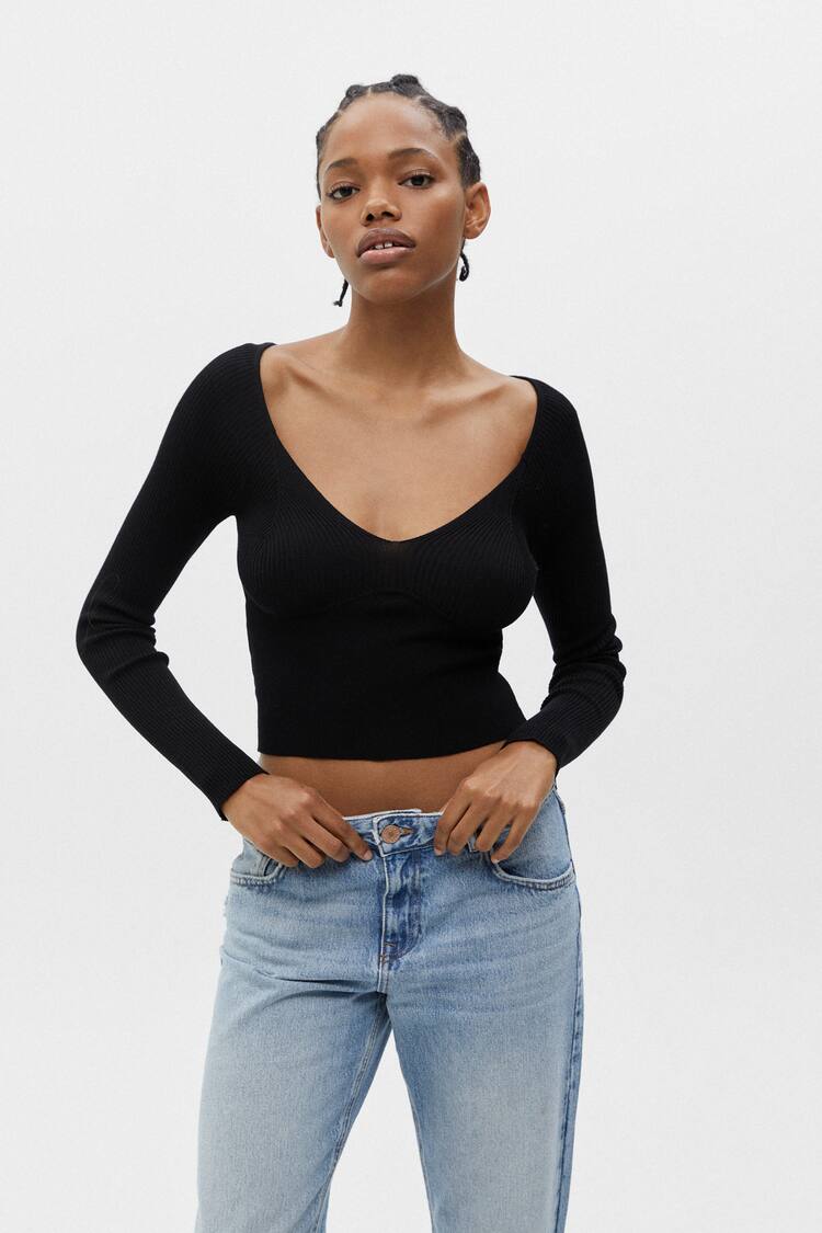 Cropped sweater with balconette detail