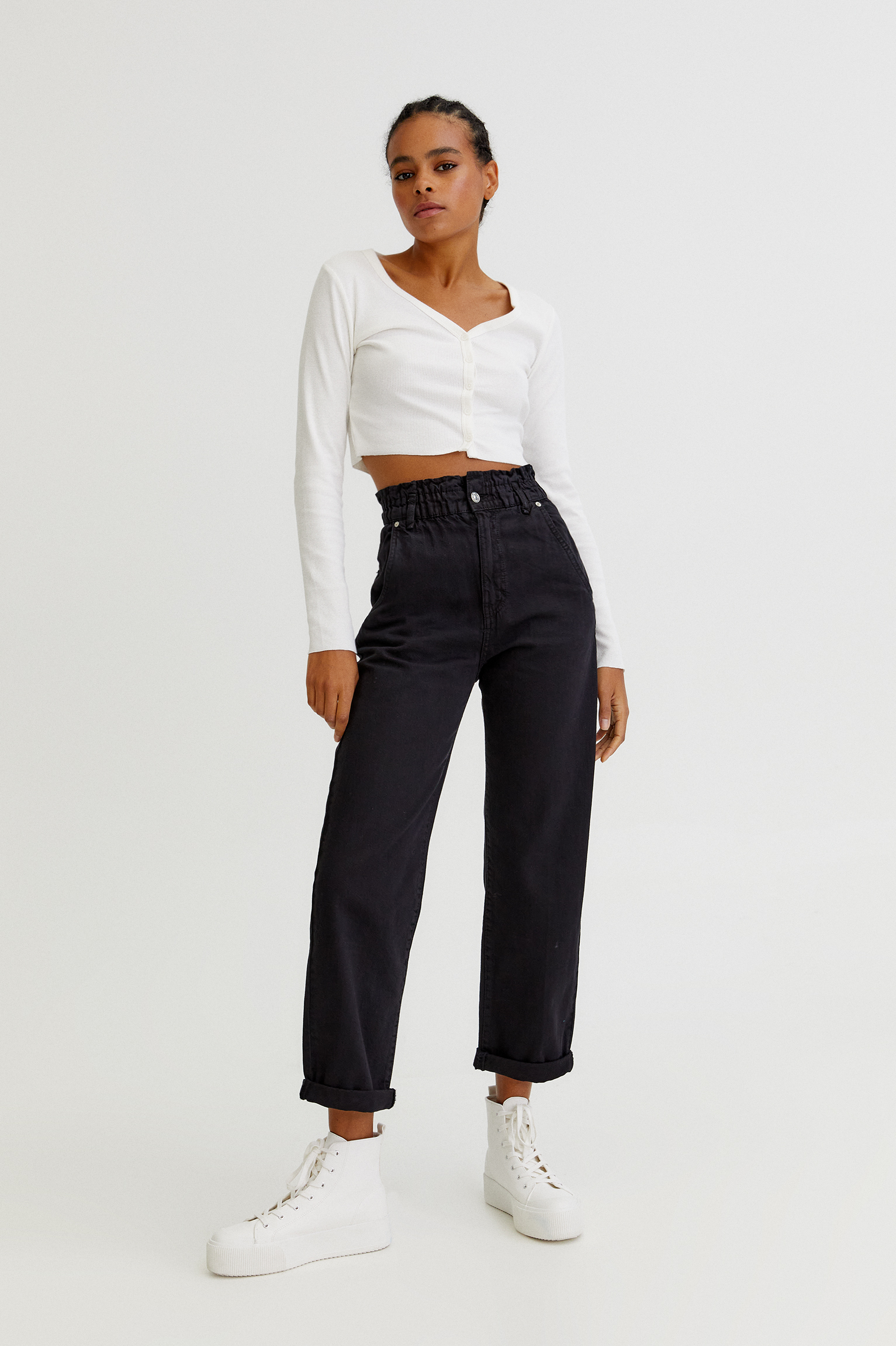 Pantalón recto paperbag - PULL\u0026BEAR