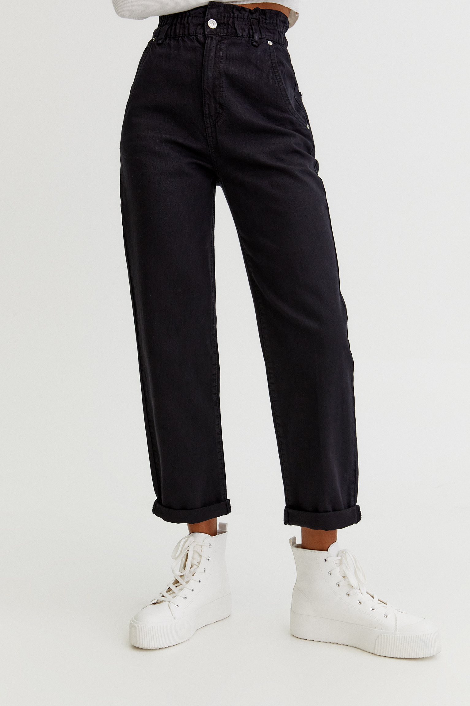 Pantalón recto paperbag - PULL\u0026BEAR