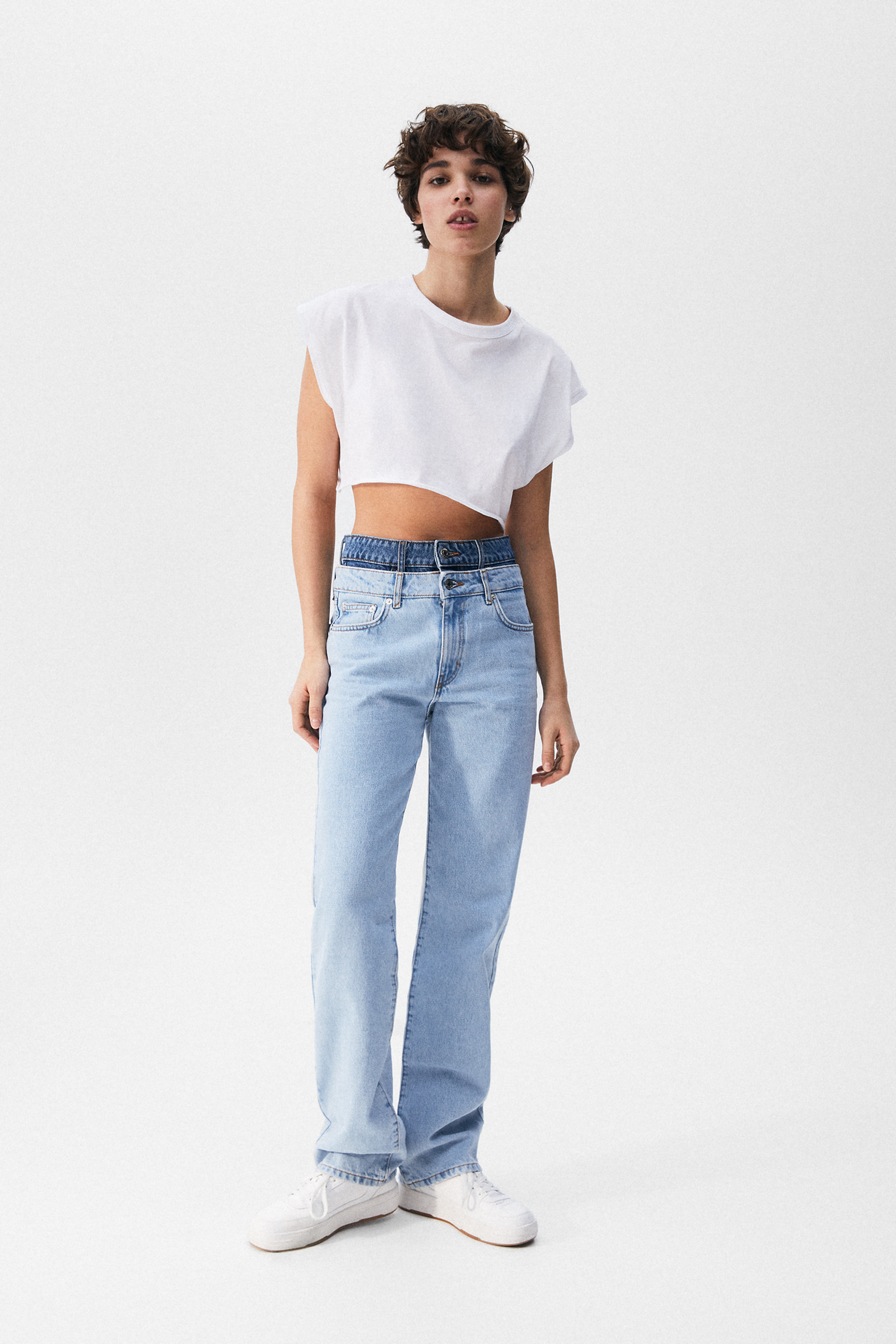 Straight leg jeans with double waist 