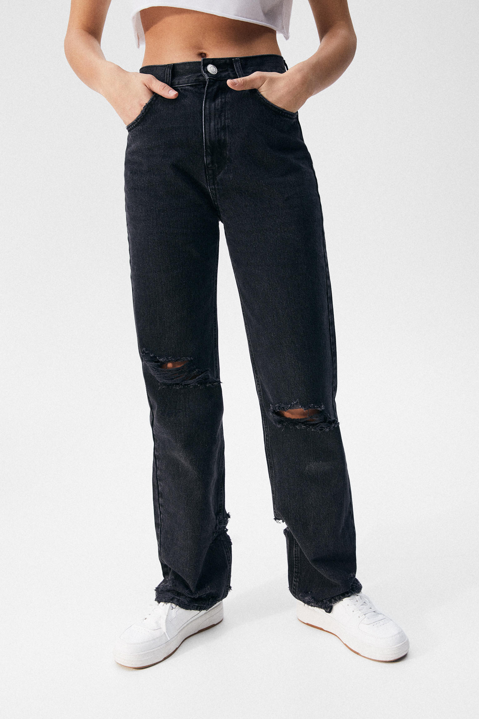 Jeans rectos tiro alto rotos - PULL\u0026BEAR