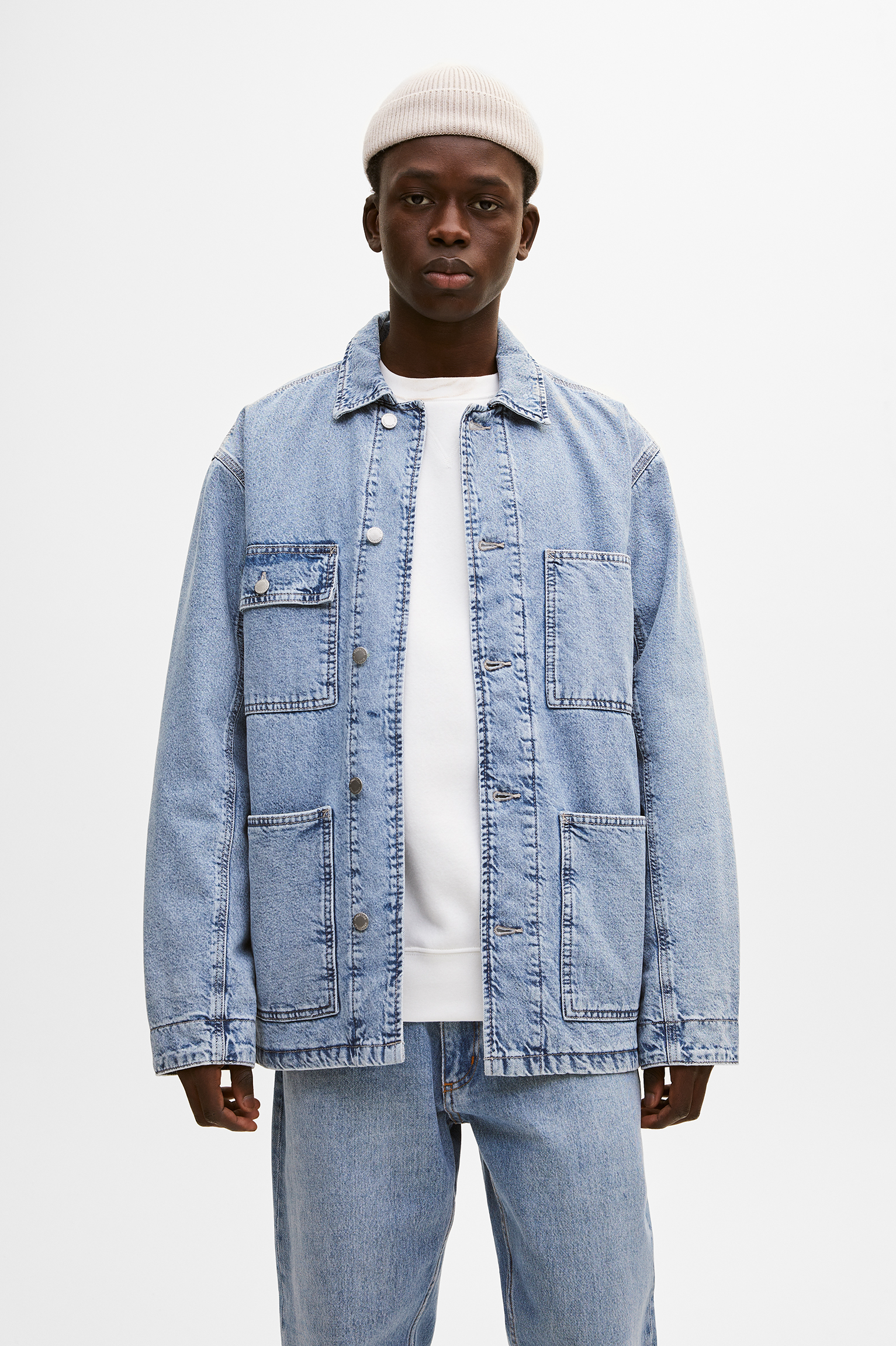 pull and bear long denim jacket