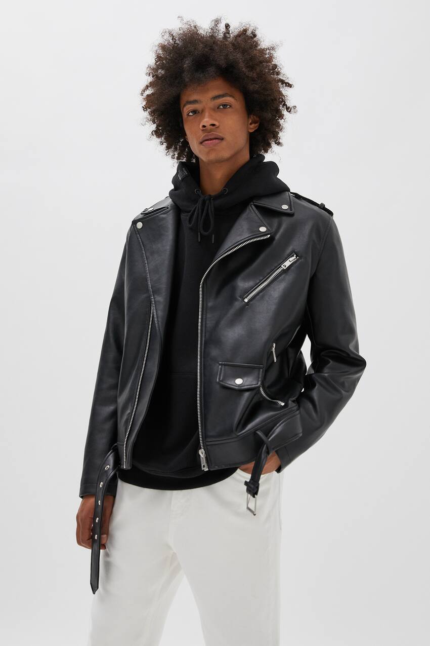 pullandbear.com | Black faux leather biker jacket