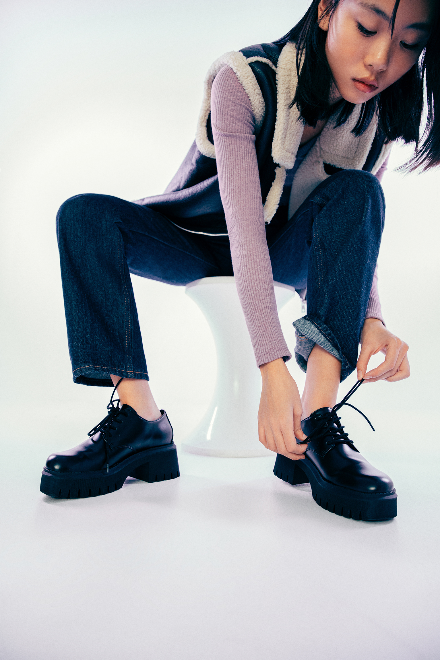 Zapato de piel suela track azul para mujer - Genuine