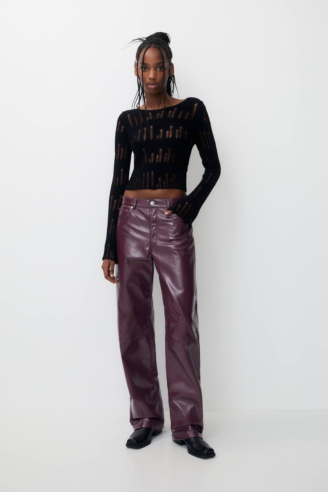 Straight fit faux leather trousers