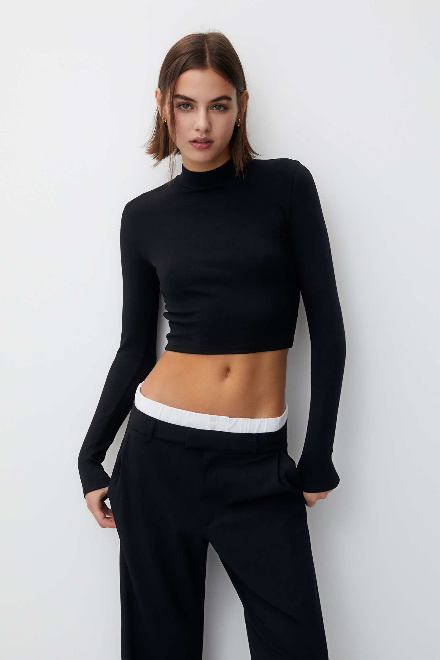 Shirring Sleeve Cropped turtle Tops-
