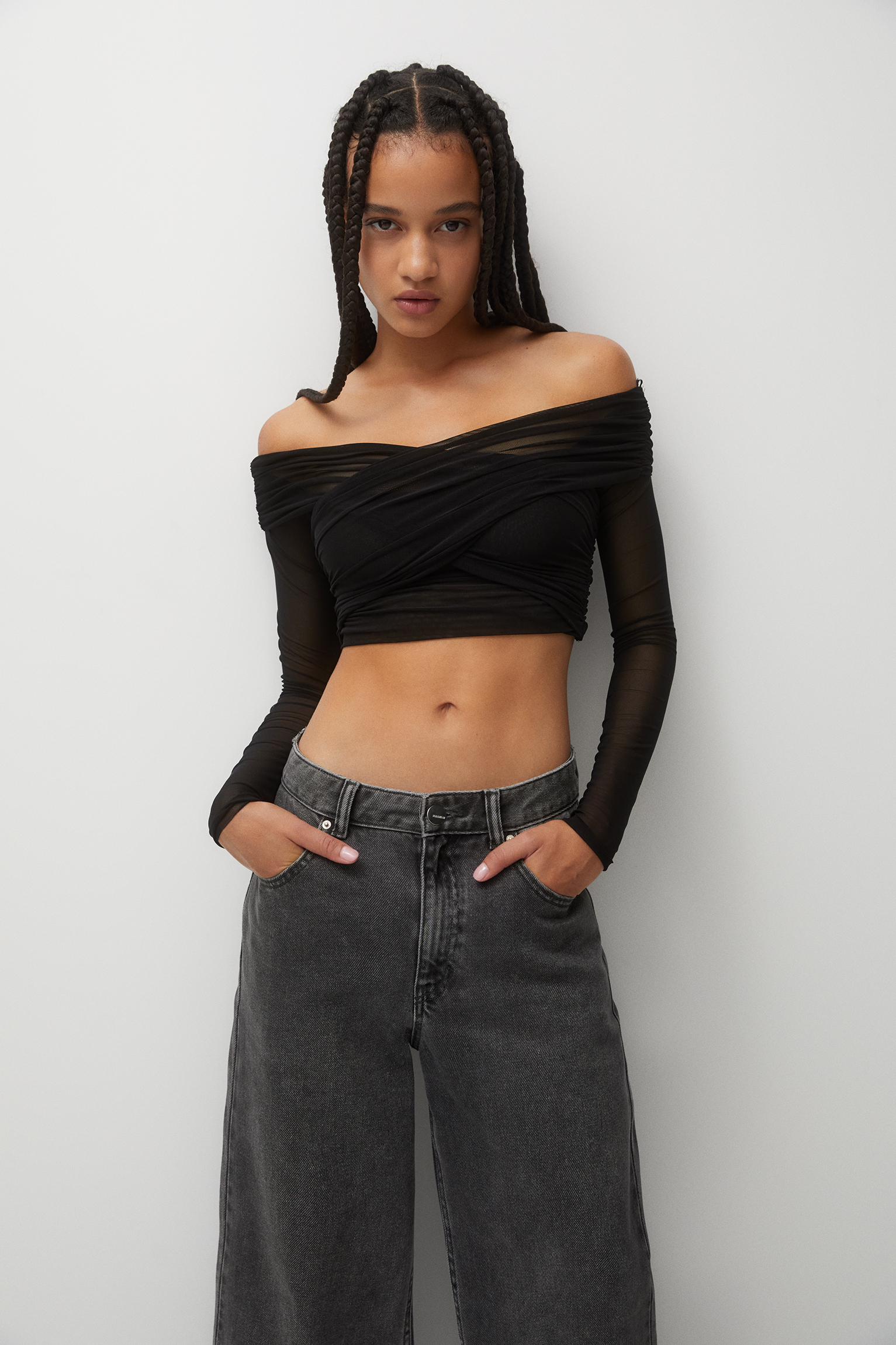 Long sleeve tulle crop top - pull&bear