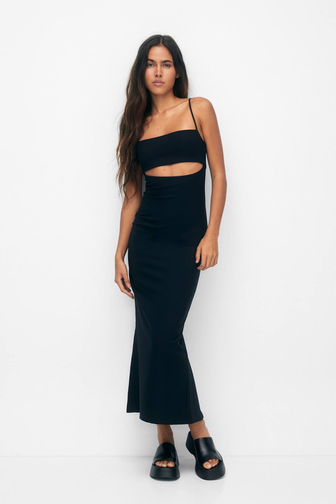 Cut-out strapless midi dress with buckles