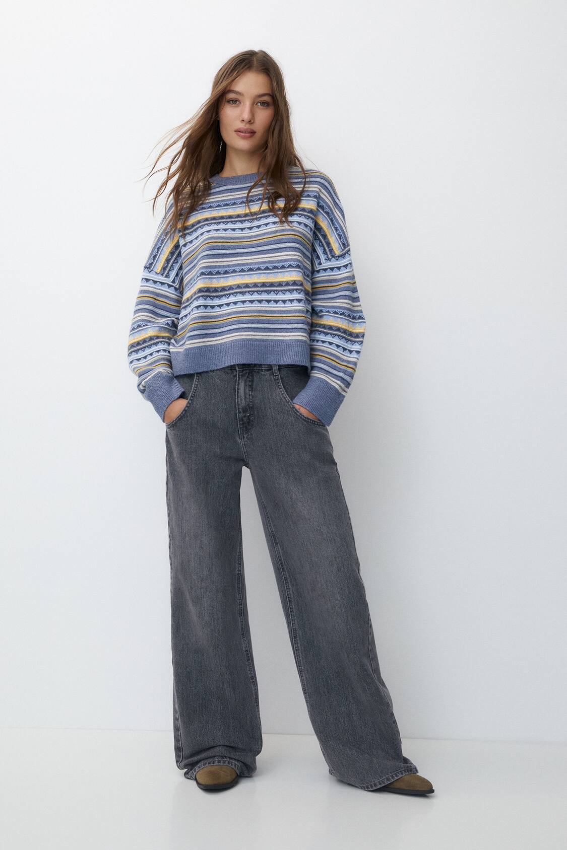 Zara - Jacquard Knit Sweater - Sand Blue - Unisex