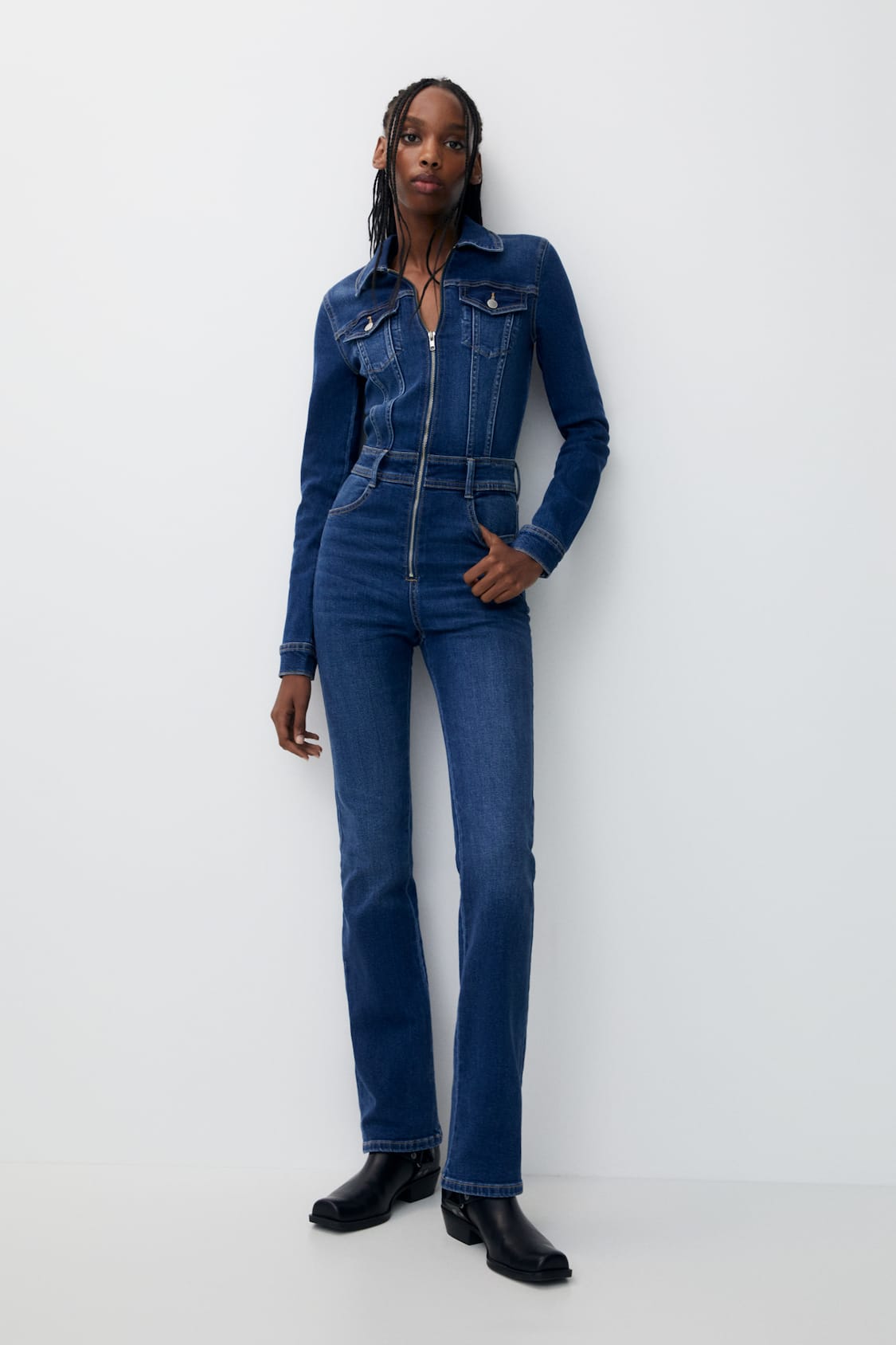 Fit And Flare Patchwork Zip Through Denim Overall Jumpsuit