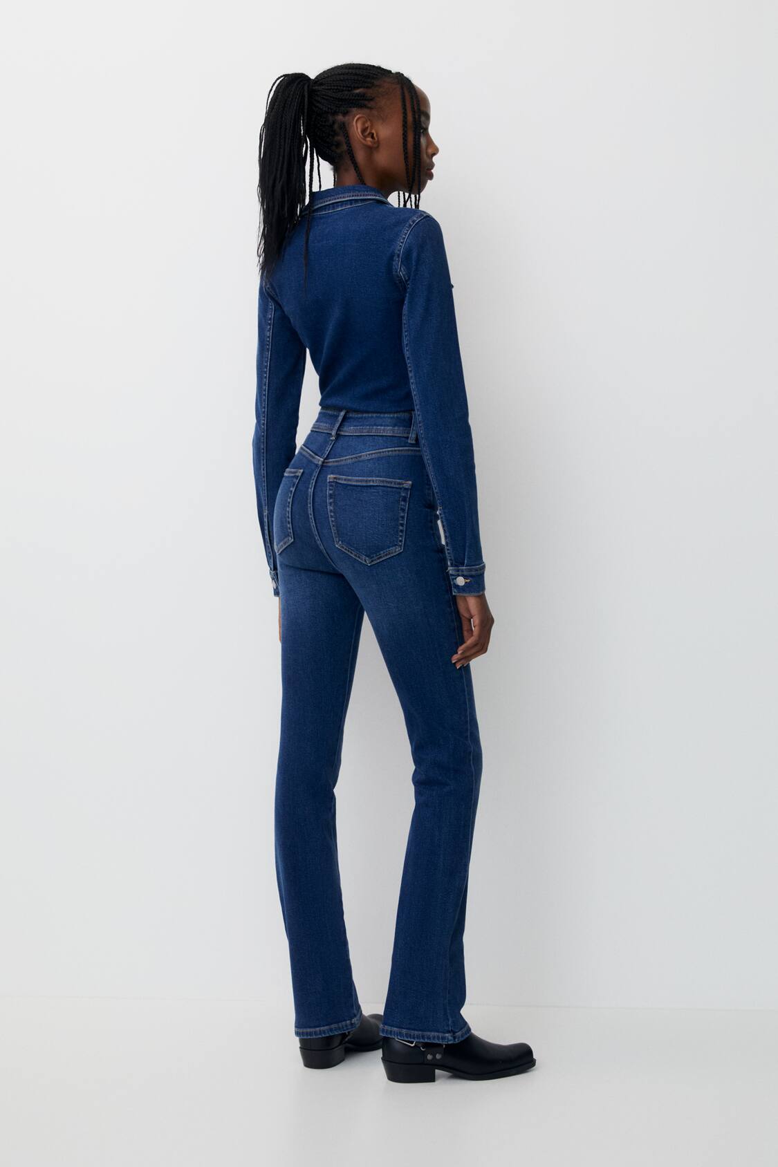 Fit And Flare Patchwork Zip Through Denim Overall Jumpsuit