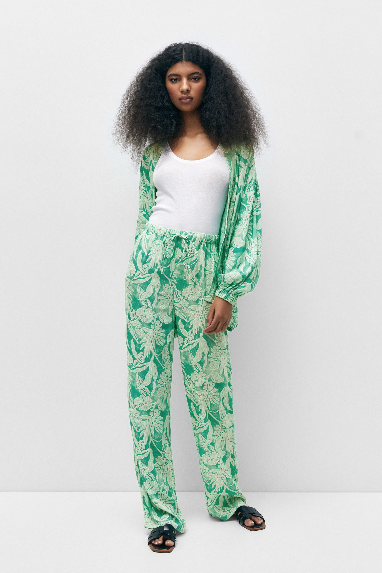 Palm Print Pull On Wide Leg Trousers  Ambrose Wilson
