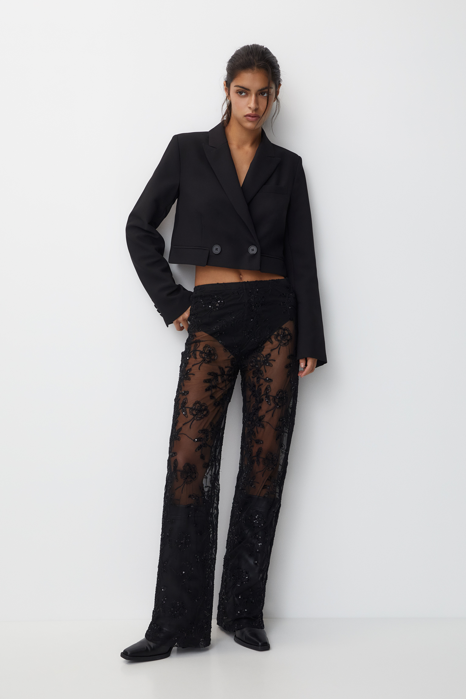 BLOCK LACE STRAIGHT PANTS-