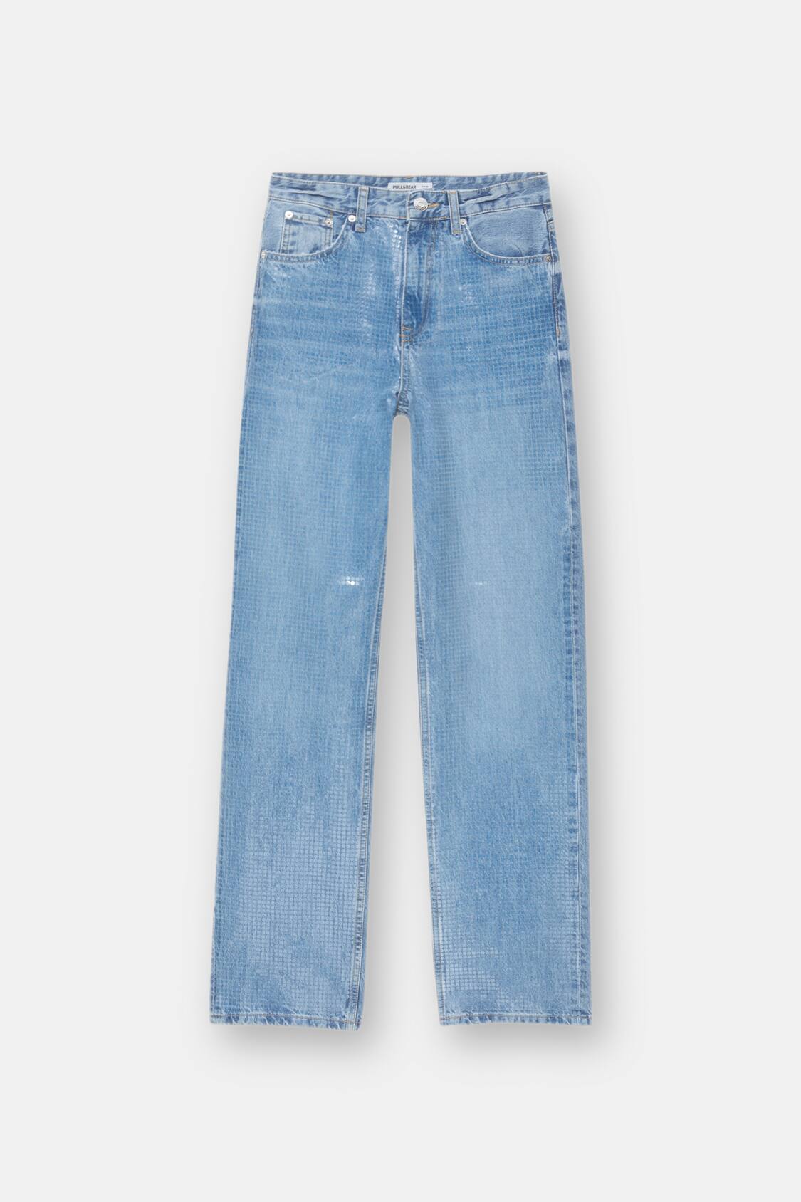 Pull&Bear Women's' Medium Blue Straight-Leg Mid-Rise Jeans with Sequins