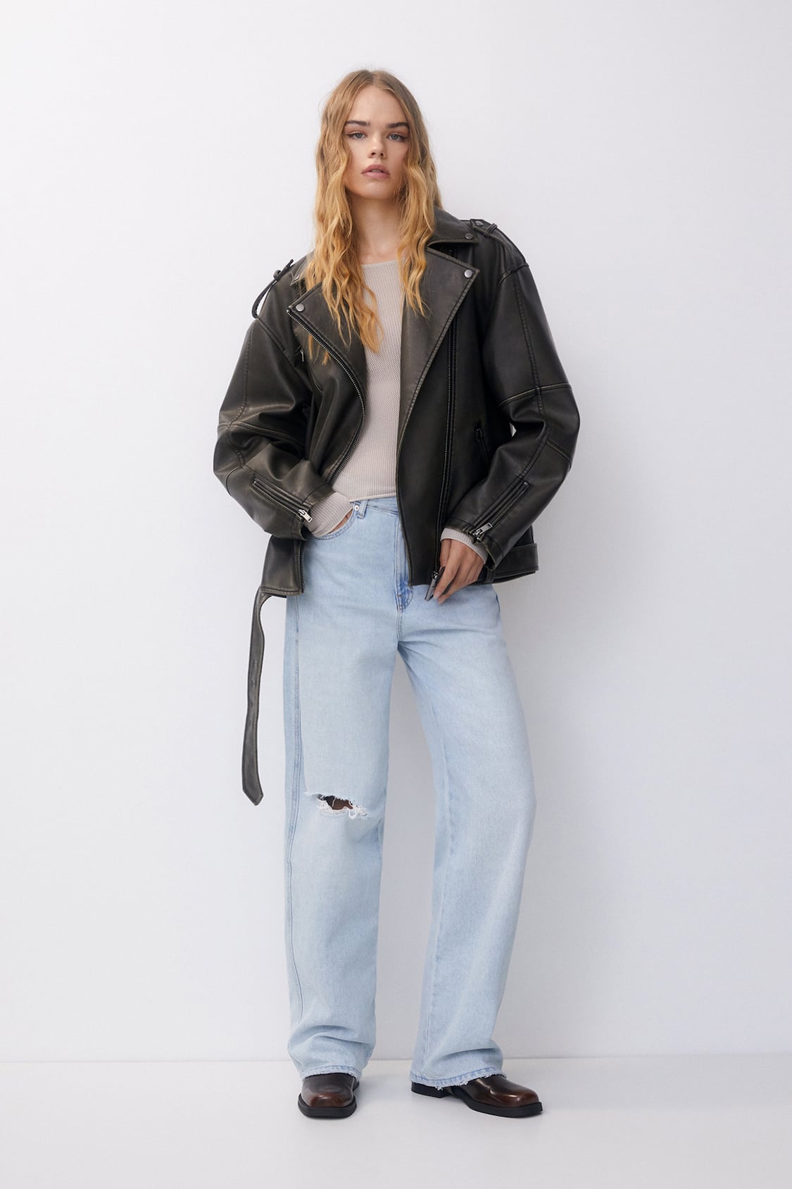 Zara - Distressed Faux Leather Biker Jacket - Gray - Women