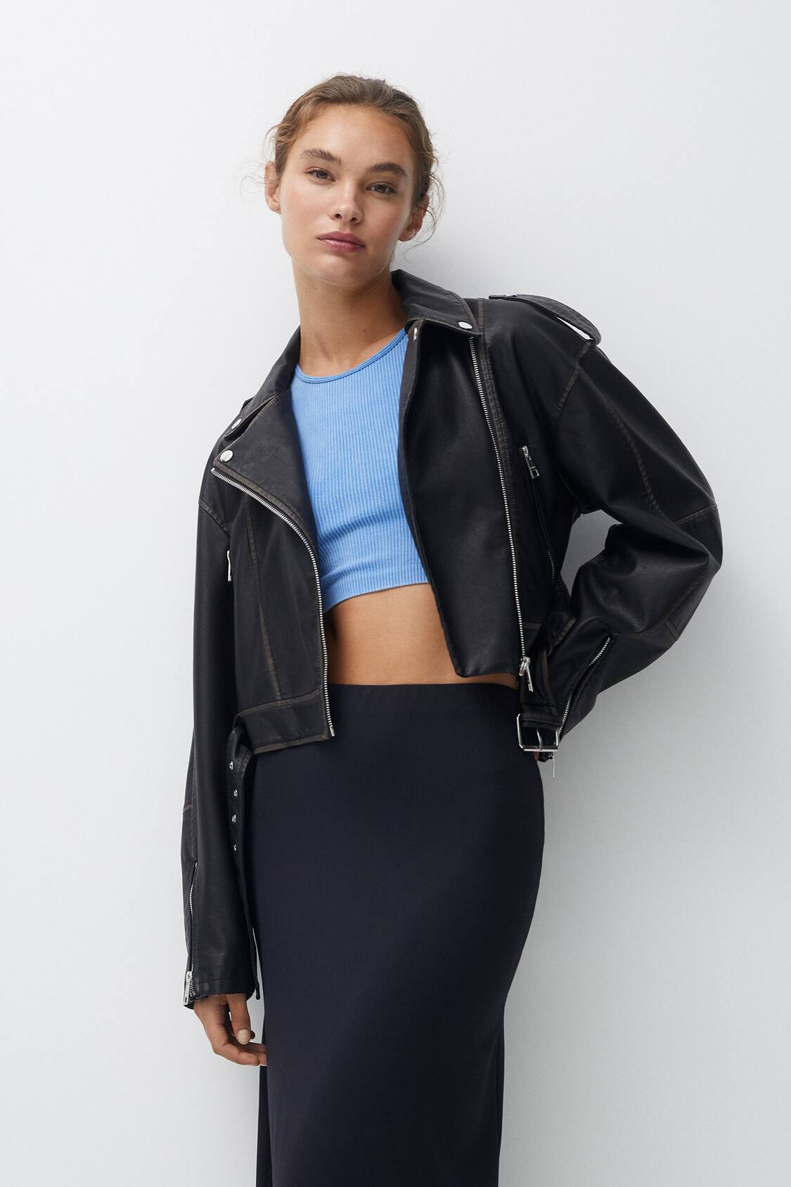 Pull&Bear Women's' Black Oversize Faux Leather Biker Jacket