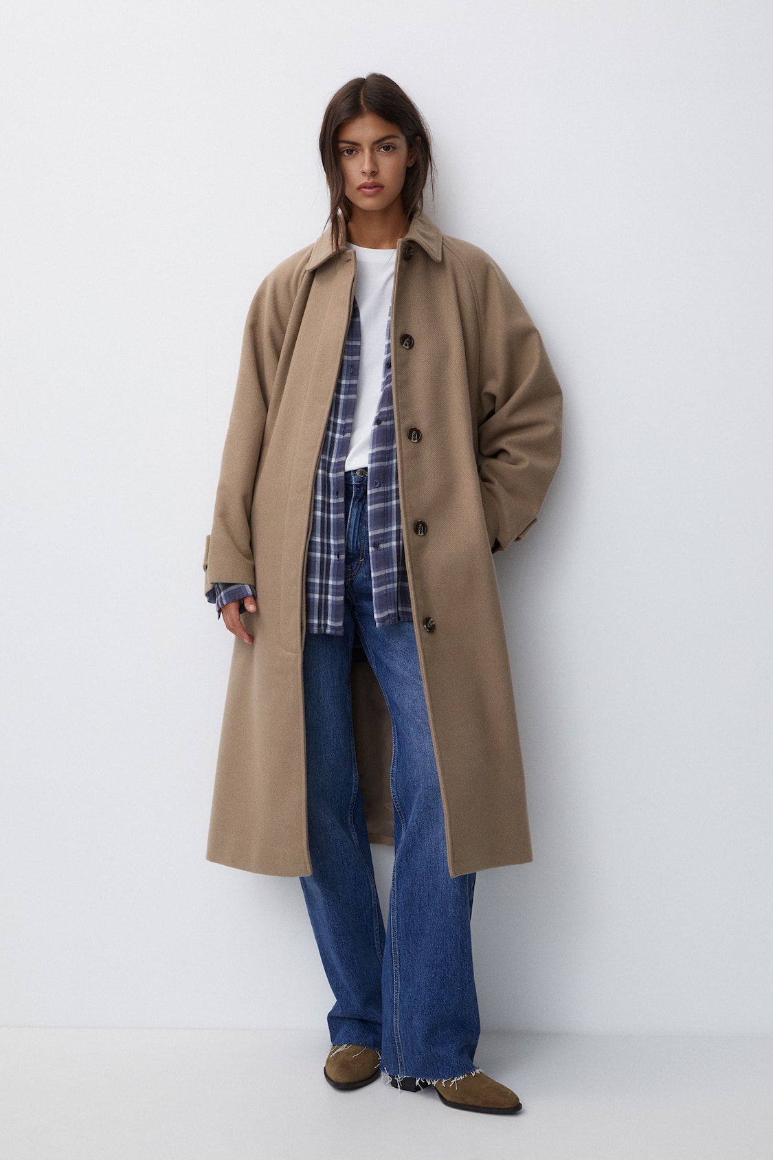 Pull&Bear faux-fur extra long collared coat in brown