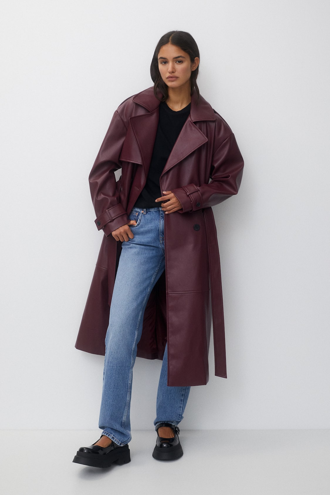 Faux leather trench coat - pull&bear