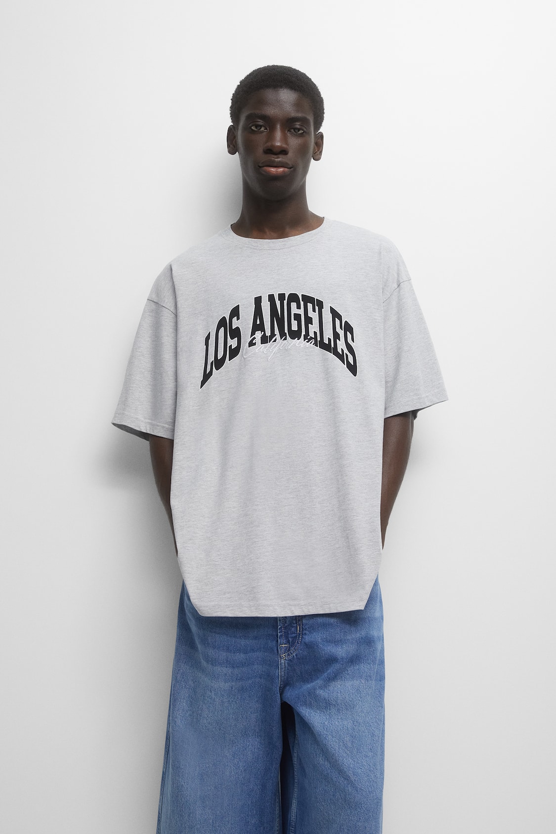 Pull&Bear Men's' Pale Marl Los Angeles Print T-Shirt