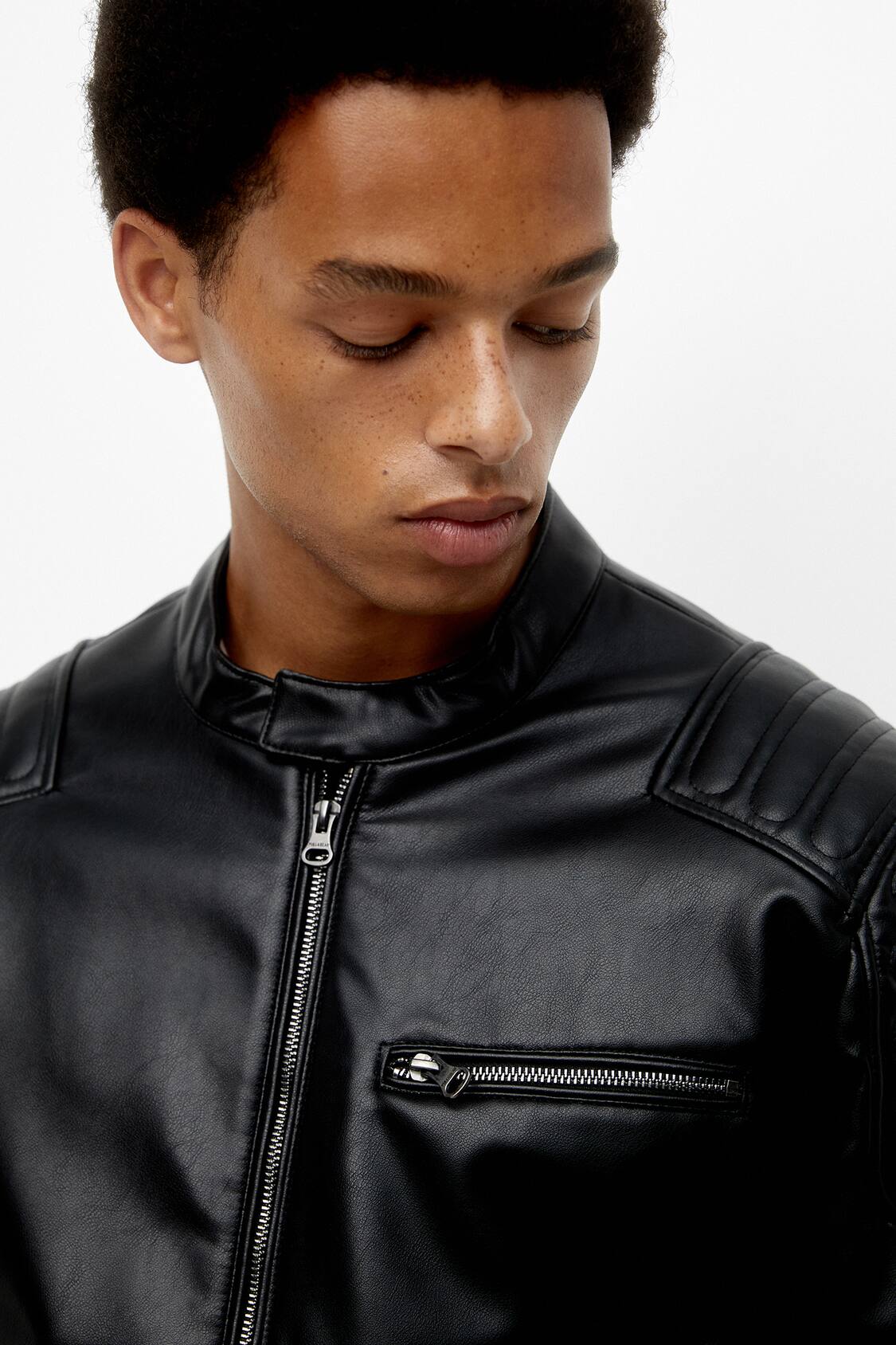 Black basic faux leather biker jacket