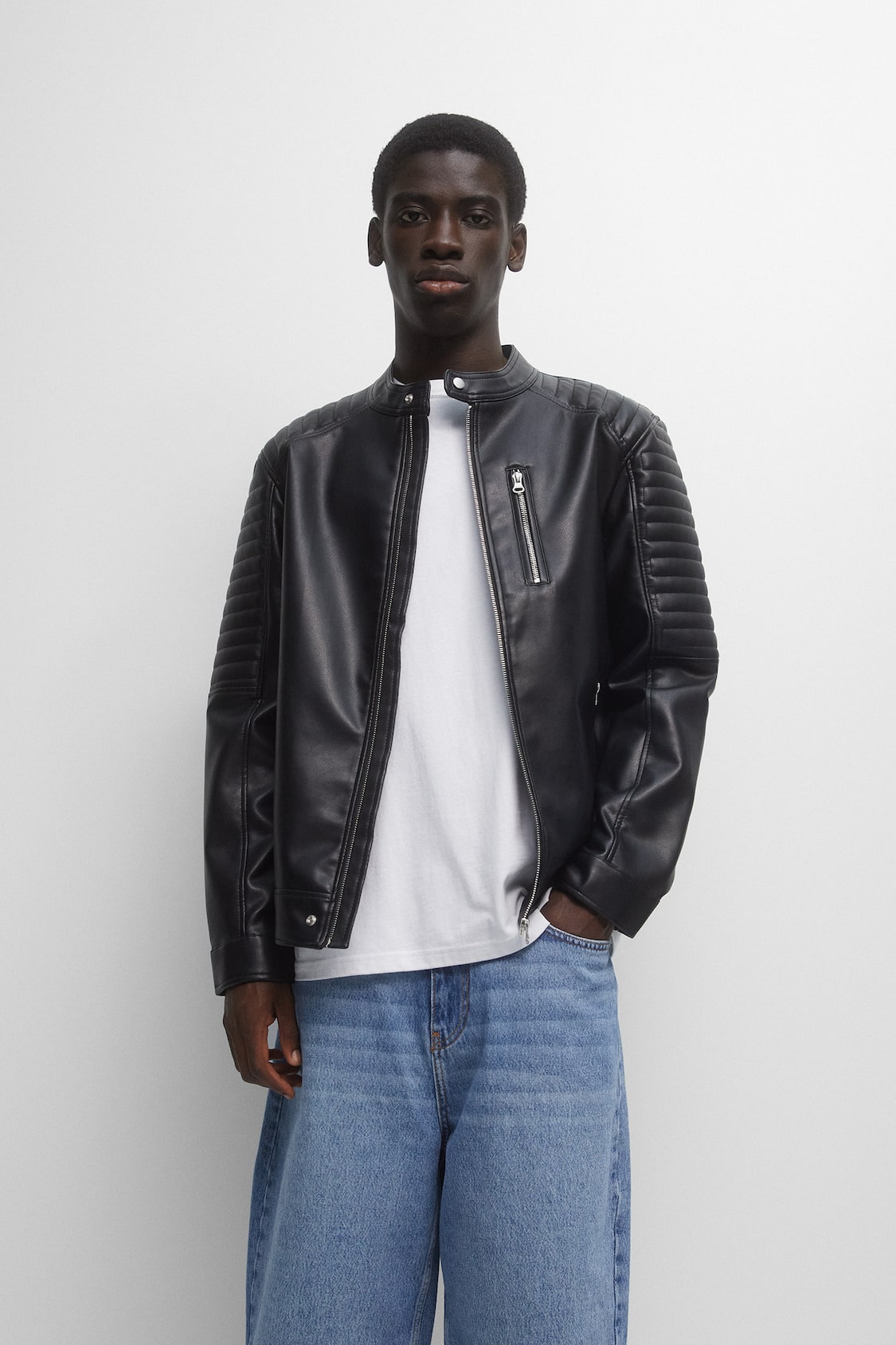 Pull&Bear motorcross faux leather jacket in red, black & white