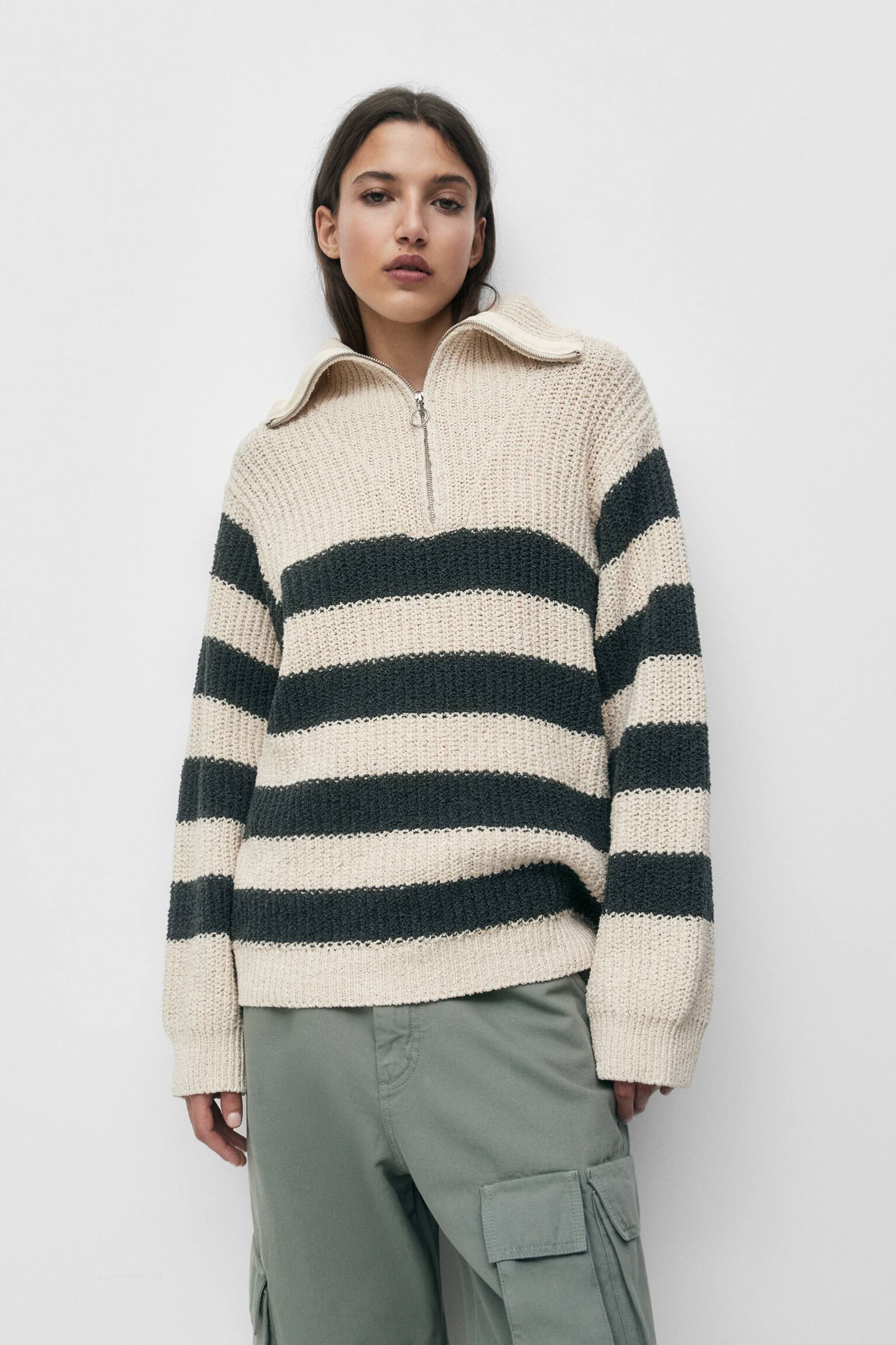 Striped Sweater with Zip, Pull & Bear