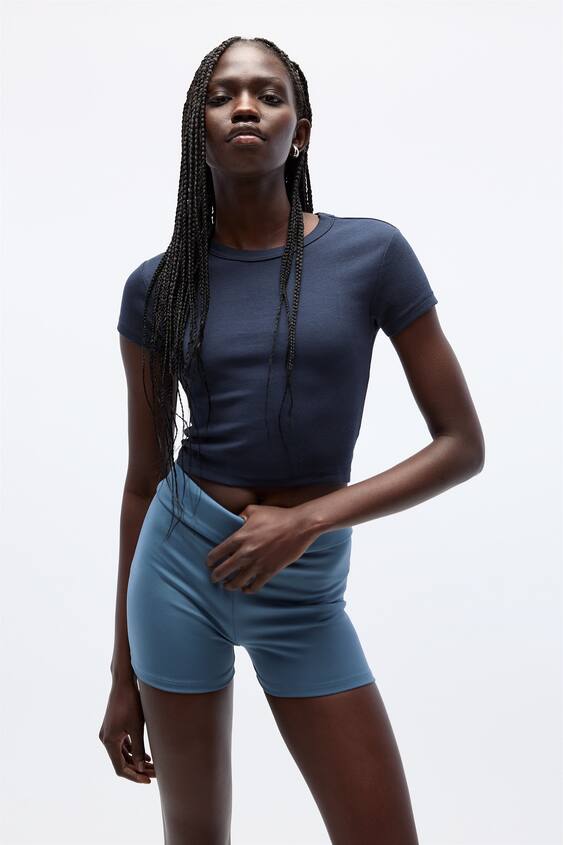 Pull&Bear ribbed seamless cropped top and legging short in sand