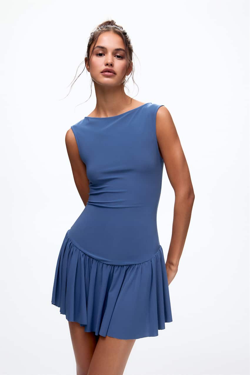Short sleeveless dress with ruffled hem, Grey blue