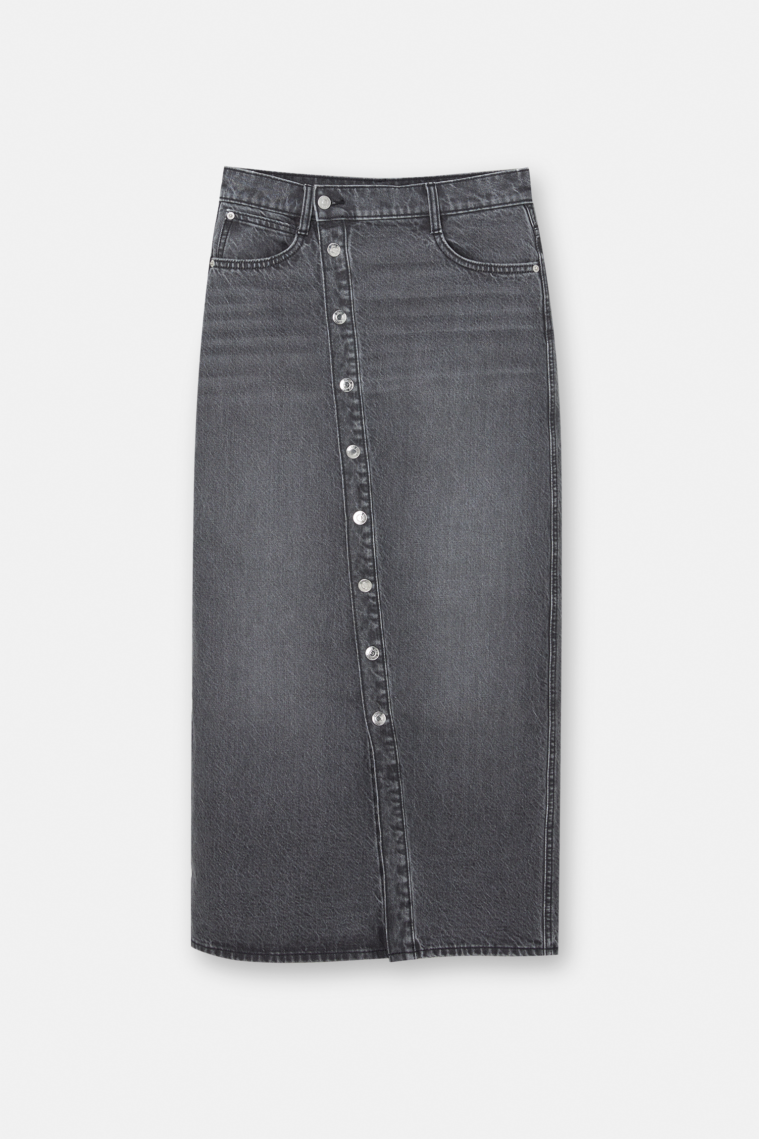 Extra-long denim skirt with buttons
