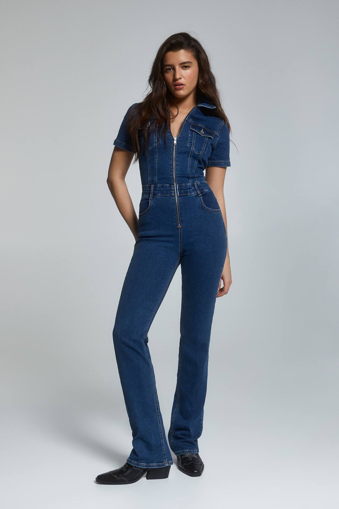 Denim jumpsuit with short sleeves - PULL&BEAR