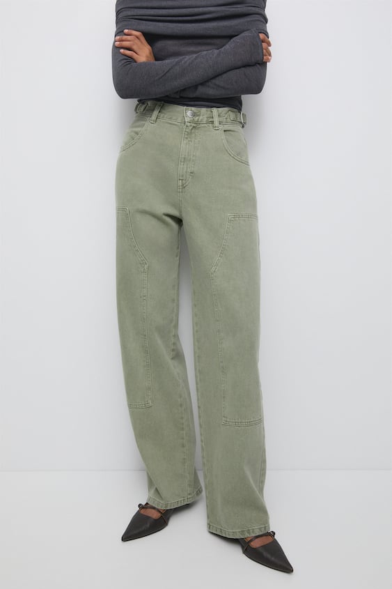 Pull&Bear high waisted wide leg cargo trousers in beige
