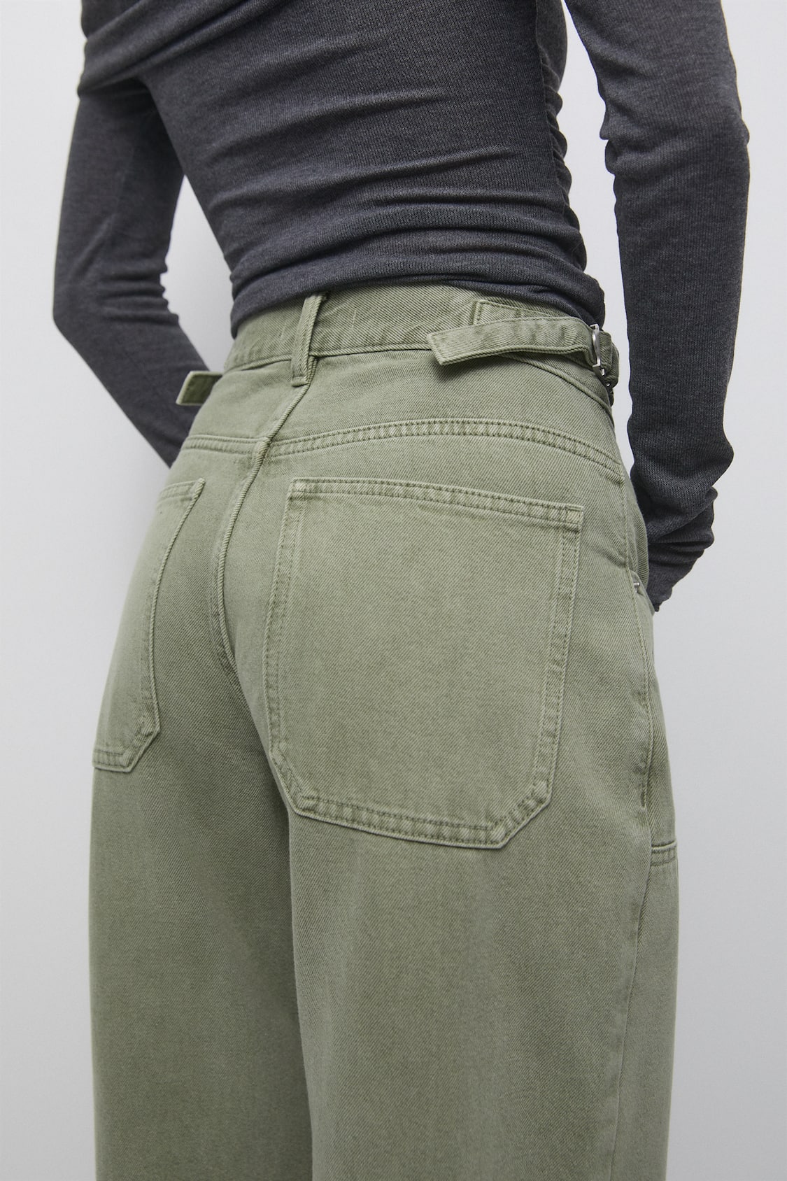 Zara High Waisted Olive Green Baggy Cargo Pant Carpenter Straight Leg Jean