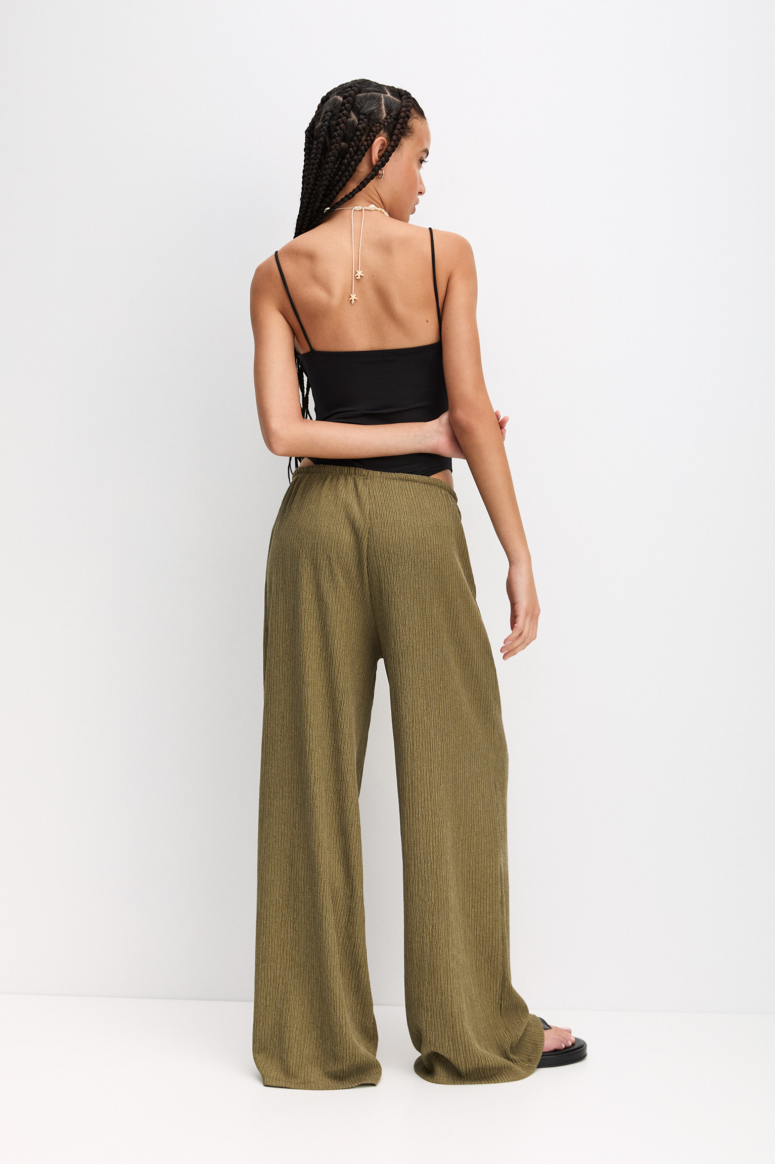 High Waisted Flowing Satin Flared Trousers