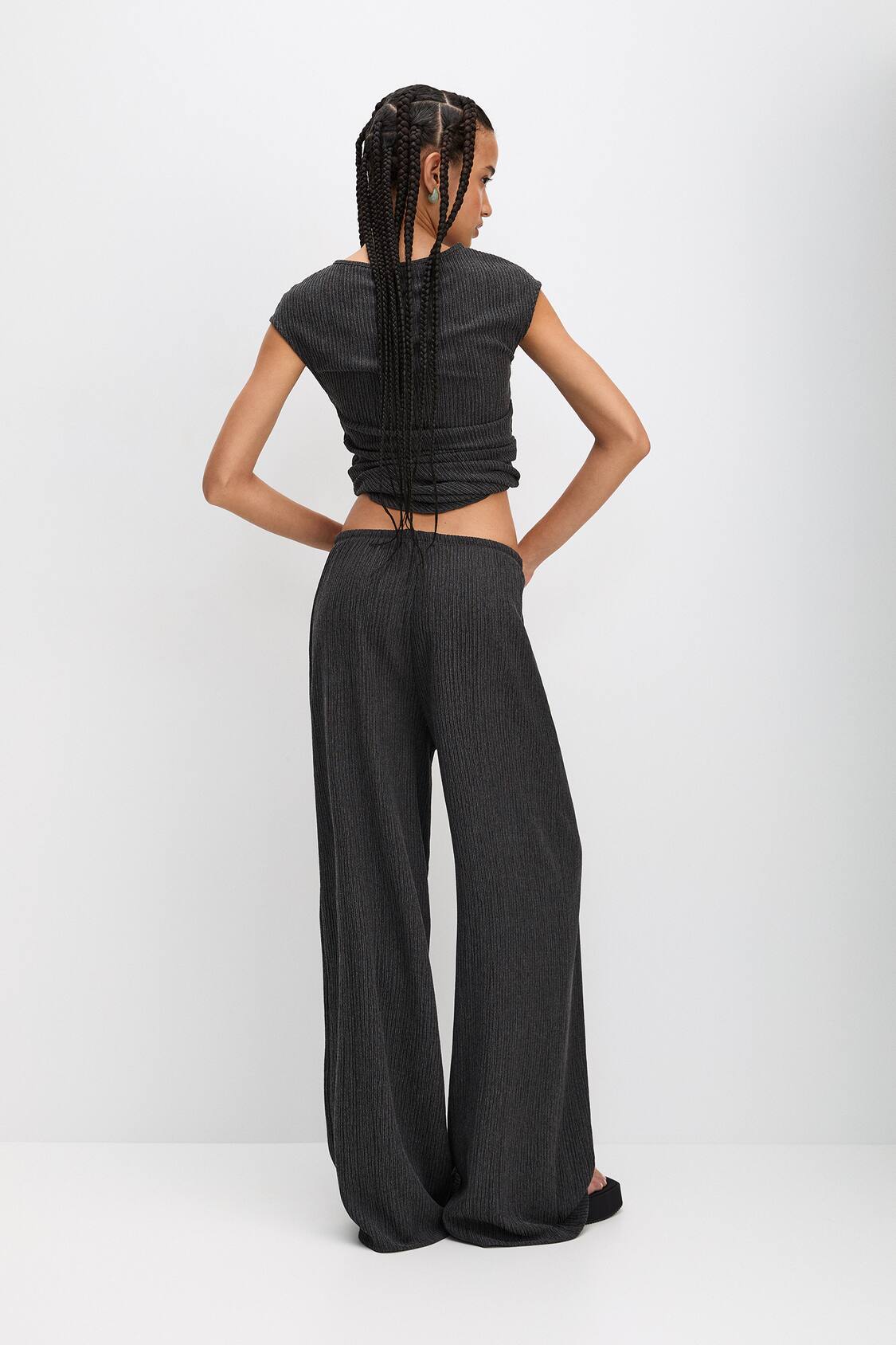 DOUBLE WAIST WIDE LEG FLANNEL PANTS - Gray marl