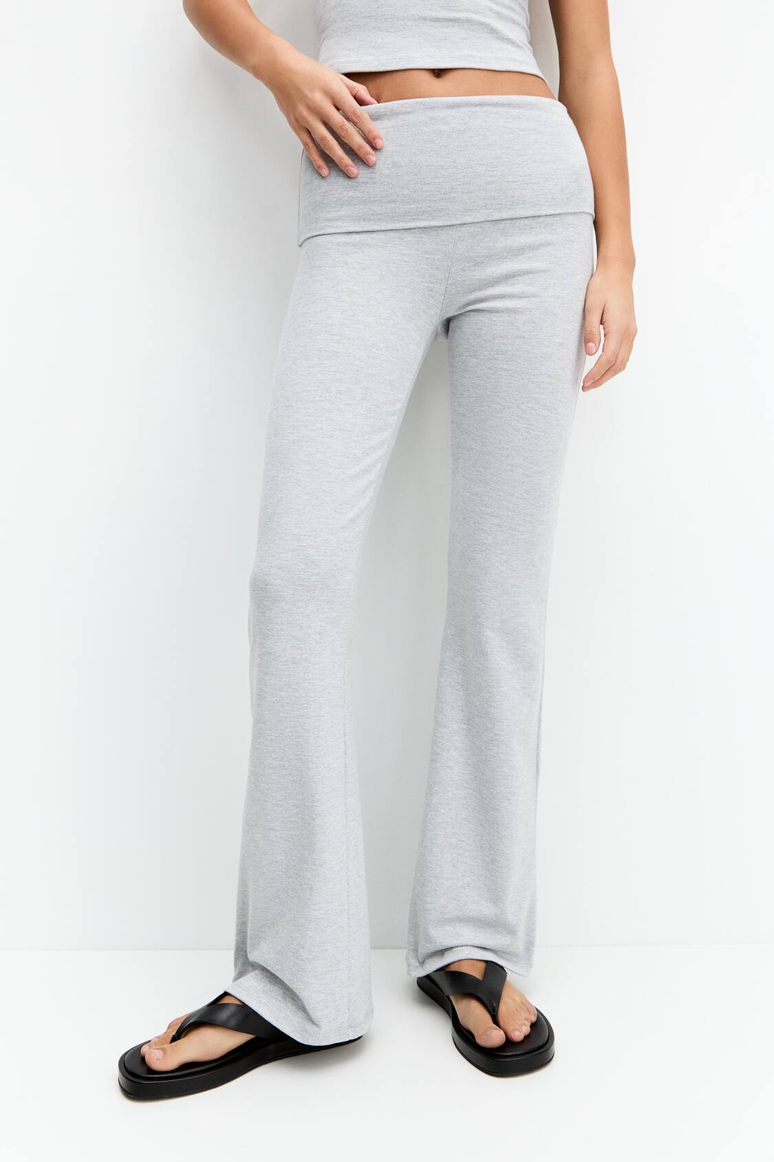 Grey Marl Cotton Fold Over Waist Flare Trousers