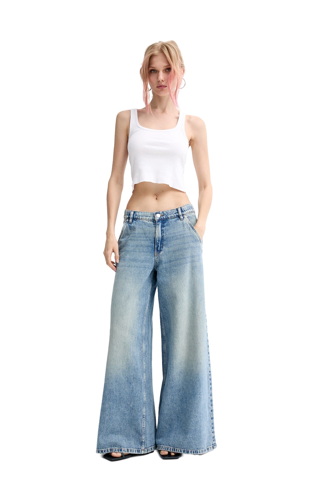 Pull&Bear mid rise wide leg jeans in dirty wash blue