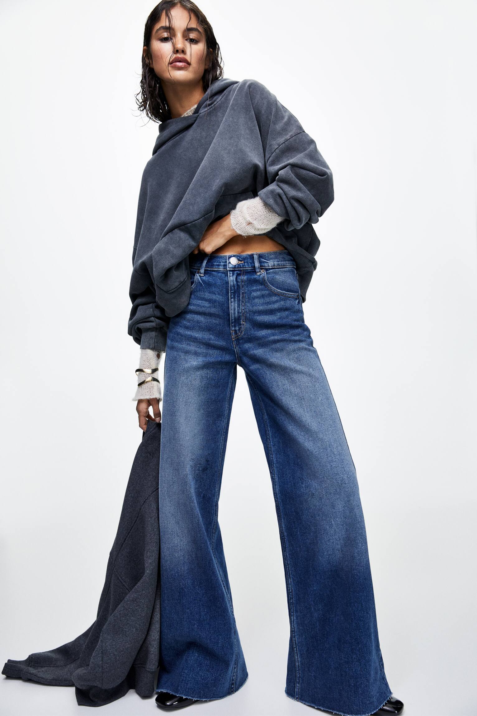 Levmjia Women's Jeans Plus Size Pants Clearance Summer Women Fashion High  Waist Wide Leg Stretch Thin Stitching Denim Flared Pants Dark Blue